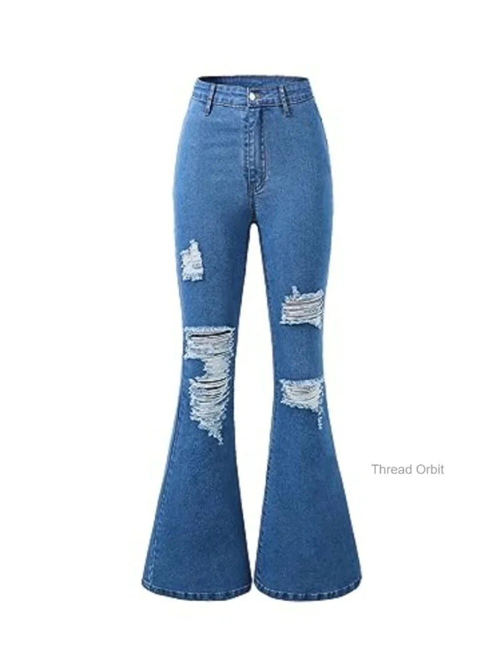 Ripped Bell Bottom Zipper Fly Flare Denim Jeans with Pockets